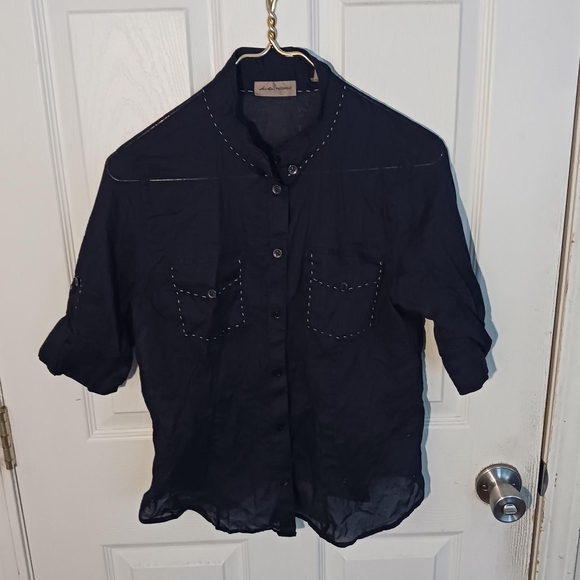 Black Button-Up Shirt with White Stitching - Picture 1 of 4